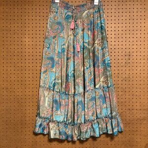 Paisley Tiered Maxi Skirt Boho Festival Smocked Waist Satin Pastel Multicolor